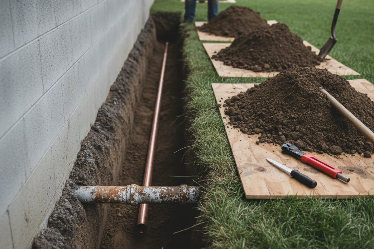 Excavated water line trench during Water Softener Installation in Mobile